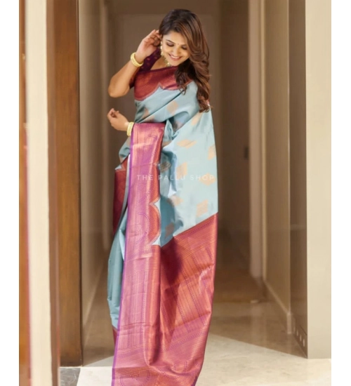 Women's Soft Lichi Silk Printed Saree With Unstitched Blouse 5.5Mtr (Light-Blue)