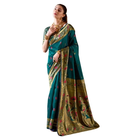 Women's Silk Blend Zari Woven Saree With Unstitched Blouse 5.5Mtr (Teal)