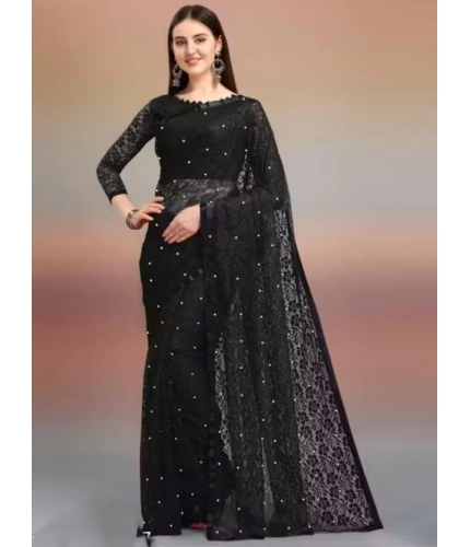 Women's Net Self Design Saree With Unstitched Blouse 5.5Mtr (Black)