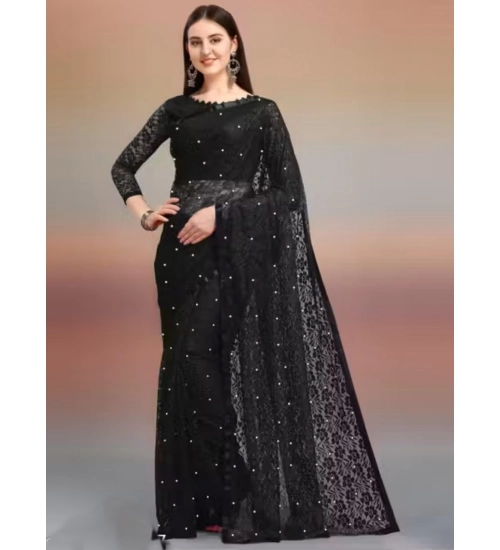 Women's Net Self Design Saree With Unstitched Blouse 5.5Mtr (Black)