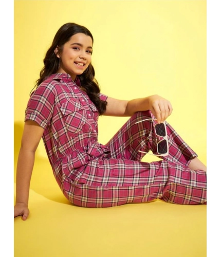 Girl's Cotton Checkered Short Sleeves Jumpsuit (Pink)