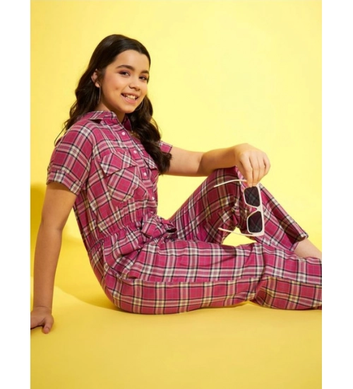Girl's Cotton Checkered Short Sleeves Jumpsuit (Pink)