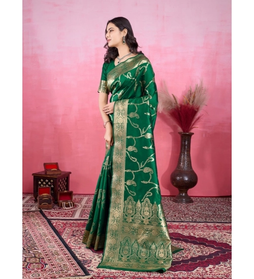 Women's Banarasi Silk Printed Saree With Unstitched Blouse 5.5Mtr (Green)