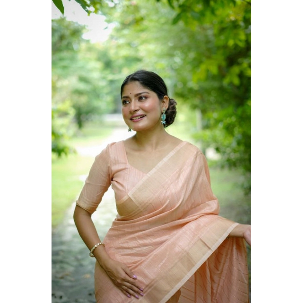Women's Faux_Banarasi Lining Pattern Saree With Unstitched Blouse 5.5Mtr (Peach) Women's Faux_Banarasi Lining Pattern Saree With Unstitched Blouse 5.5Mtr (Peach)