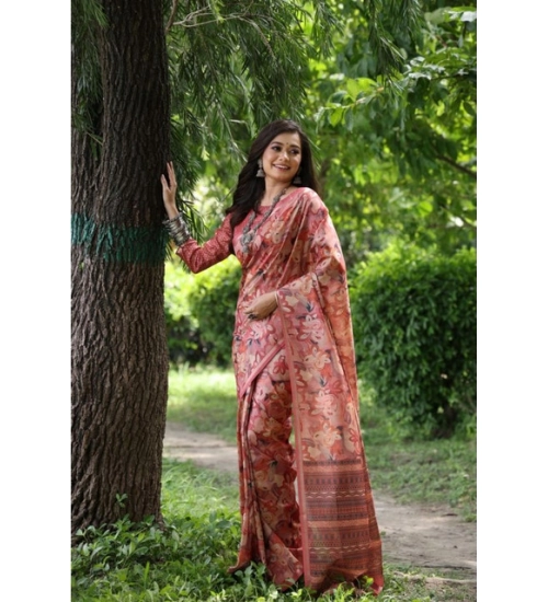Women's Faux_Tussar_Silk Abstract_Print Saree With Unstitched Blouse 5.5Mtr (Peach)