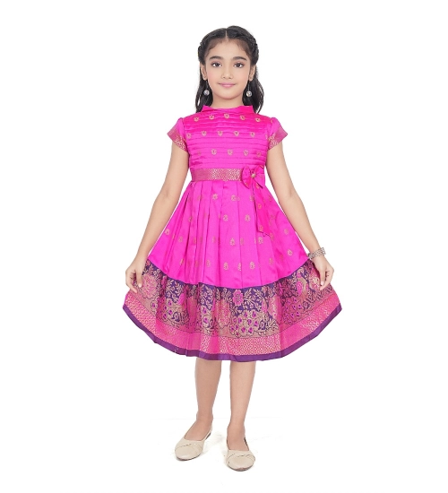 Girl's Brocket Silk Printed Short Sleeve Close Neck Dress (Rani Pink)