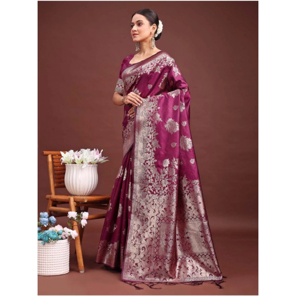 Women's Banarasi Silk Printed Saree With Unstitched Blouse 5.5Mtr (Purple) Women's Banarasi Silk Printed Saree With Unstitched Blouse 5.5Mtr (Purple)