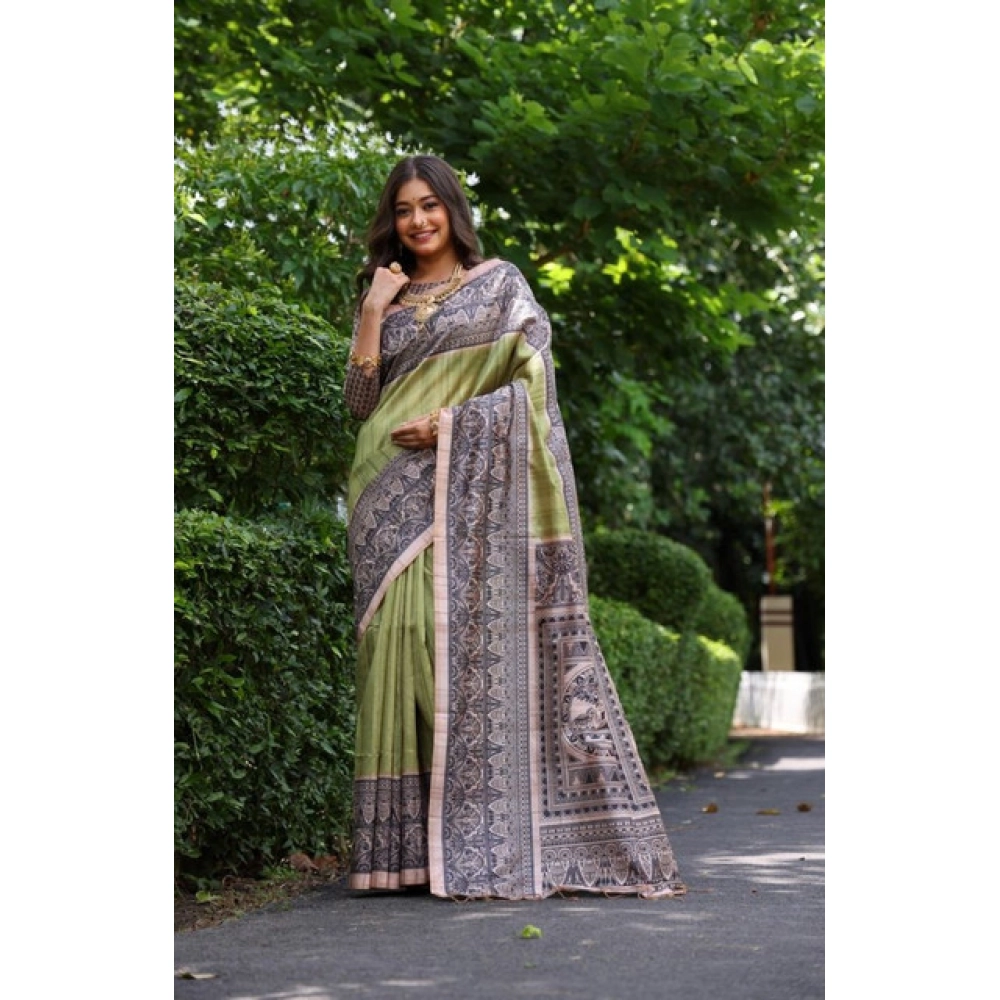 Women's Faux_Tussar Ethnic_Print Saree With Unstitched Blouse 5.5Mtr (Olive) Women's Faux_Tussar Ethnic_Print Saree With Unstitched Blouse 5.5Mtr (Olive)