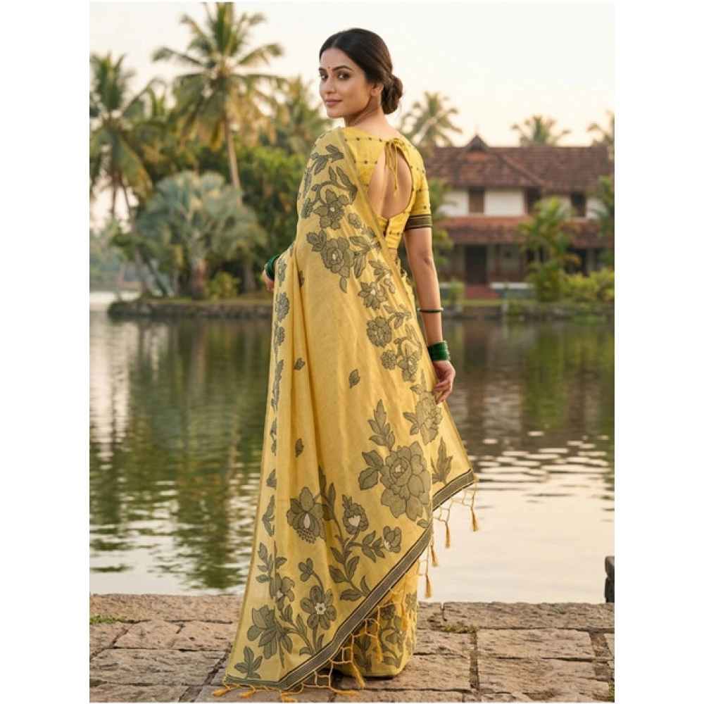 Women's Linen Cotton Printed Saree With Unstitched Blouse 5.5Mtr (Yellow) Women's Linen Cotton Printed Saree With Unstitched Blouse 5.5Mtr (Yellow)