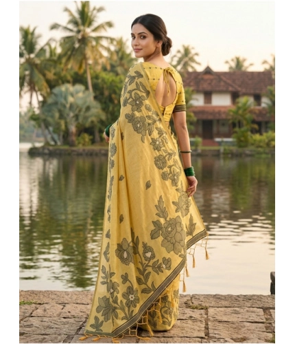 Women's Linen Cotton Printed Saree With Unstitched Blouse 5.5Mtr (Yellow) Women's Linen Cotton Printed Saree With Unstitched Blouse 5.5Mtr (Yellow)