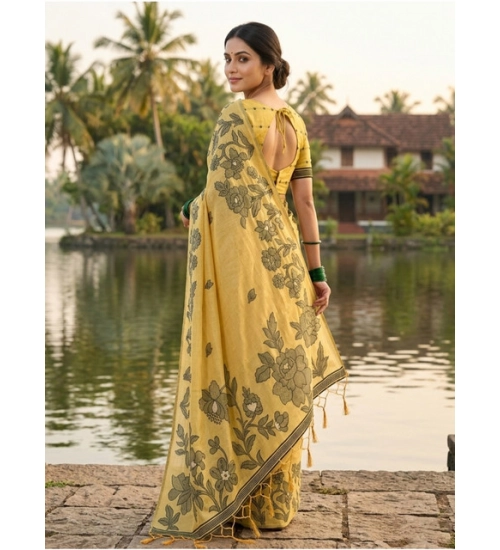 Women's Linen Cotton Printed Saree With Unstitched Blouse 5.5Mtr (Yellow) Women's Linen Cotton Printed Saree With Unstitched Blouse 5.5Mtr (Yellow)