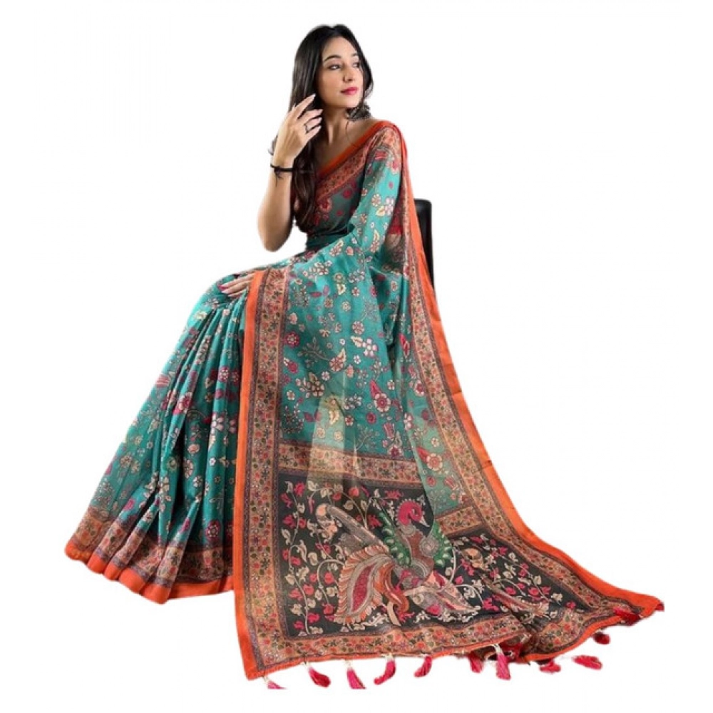 Women's Linen Printed Saree With Unstitched Blouse 5.5Mtr (Olive) Women's Linen Printed Saree With Unstitched Blouse 5.5Mtr (Olive)