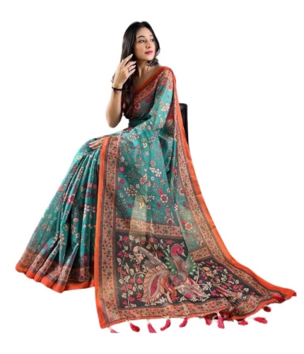 Women's Linen Printed Saree With Unstitched Blouse 5.5Mtr (Olive)