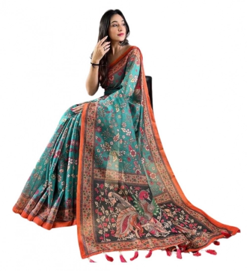 Women's Linen Printed Saree With Unstitched Blouse 5.5Mtr (Olive)