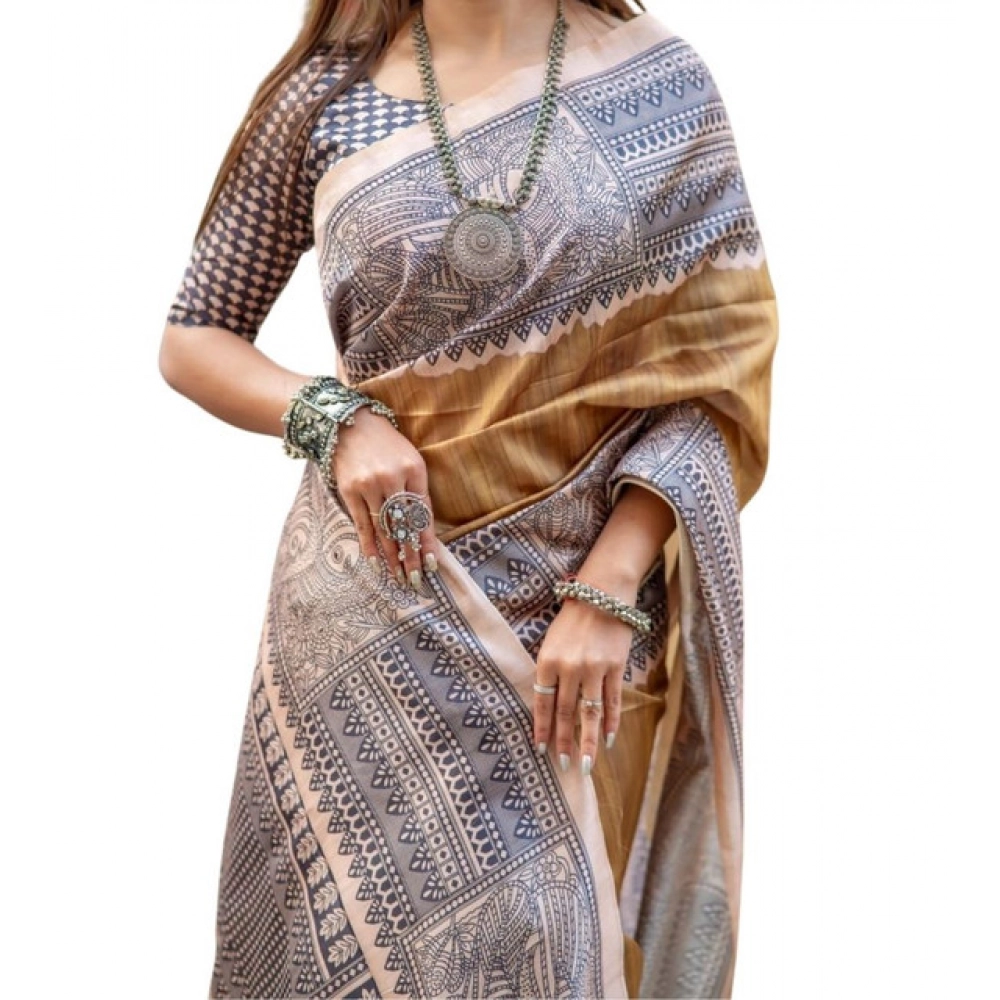 Women's Faux_Tussar Geometric_Print Saree With Unstitched Blouse 5.5Mtr (Mustard) Women's Faux_Tussar Geometric_Print Saree With Unstitched Blouse 5.5Mtr (Mustard)