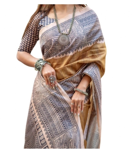Women's Faux_Tussar Geometric_Print Saree With Unstitched Blouse 5.5Mtr (Mustard) Women's Faux_Tussar Geometric_Print Saree With Unstitched Blouse 5.5Mtr (Mustard)