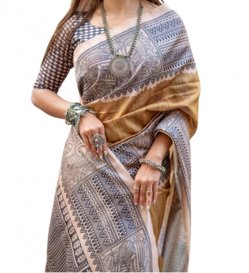Women's Faux_Tussar Geometric_Print Saree With Unstitched Blouse 5.5Mtr (Mustard)