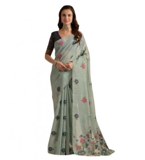 Women's Blended_Cotton Floral Motifs And Woven Buttas Saree With Unstitched Blouse 5.5Mtr (Teal)