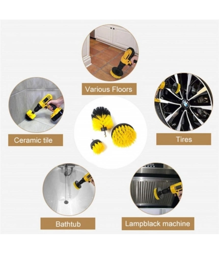Pack Of 3 Polypropylene Solid Power Drill Scrub Brush Cleaning Set (Yellow-Black)