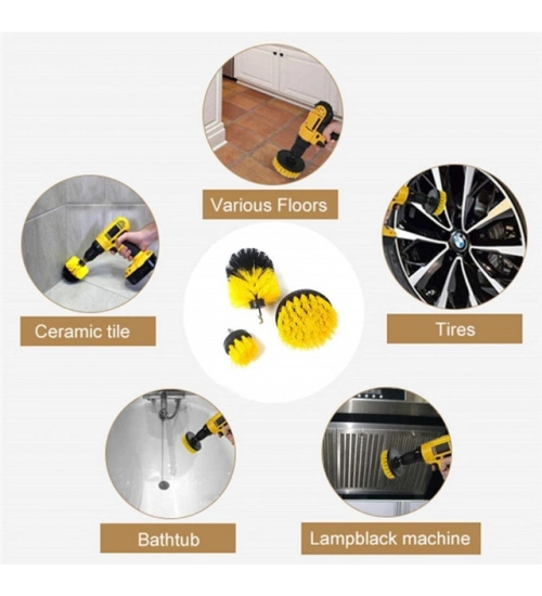 Pack Of 3 Polypropylene Solid Power Drill Scrub Brush Cleaning Set (Yellow-Black)