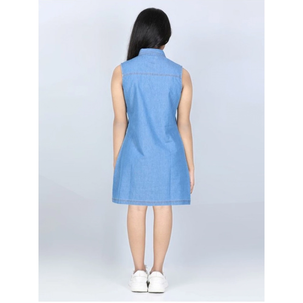 Girl's Denim Solid Cold Shoulder Dress (Blue)