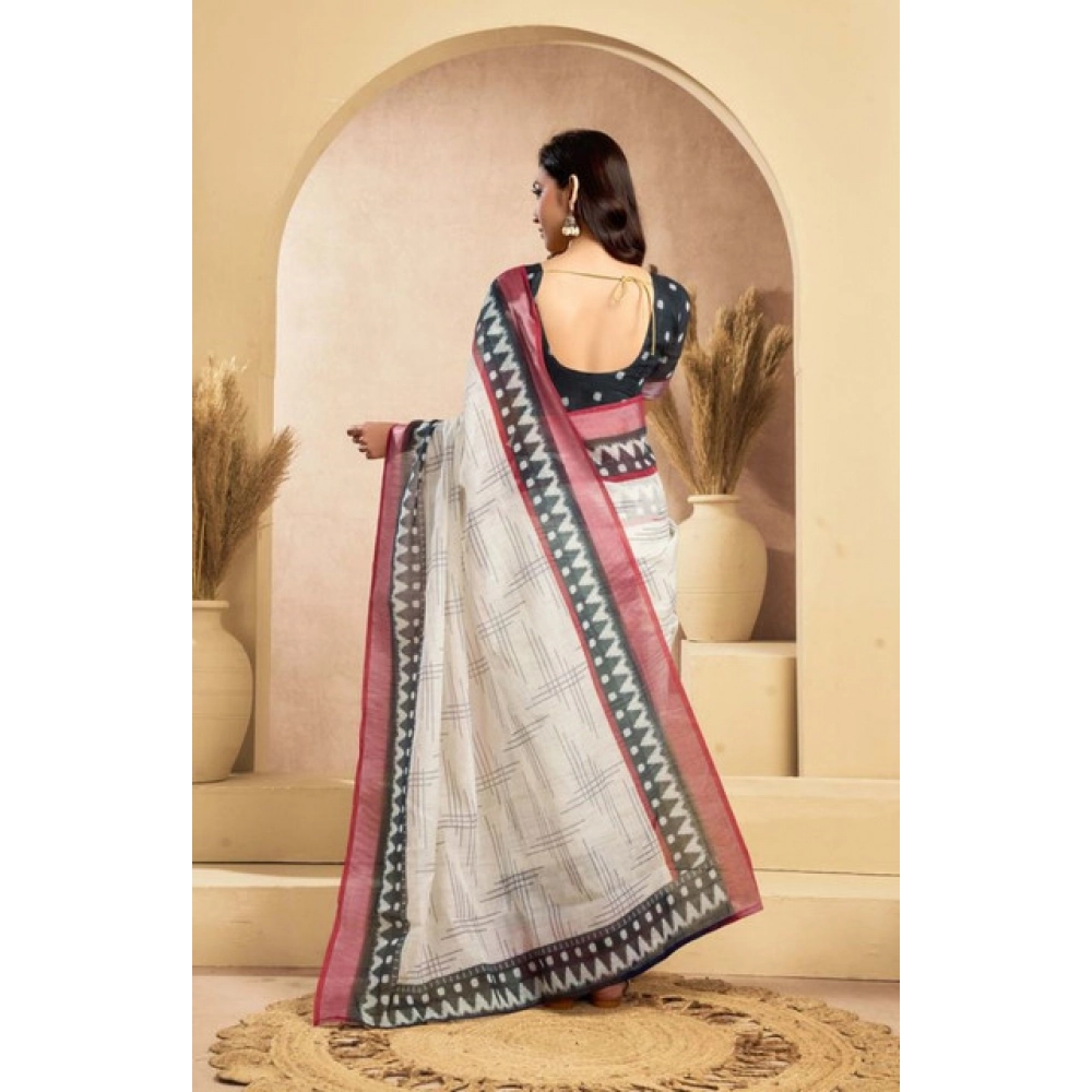 Women's Faux Linen Floral Print Ready to wear Saree With Unstitched Blouse 5.5Mtr (OffWhite) Women's Faux Linen Floral Print Ready to wear Saree With Unstitched Blouse 5.5Mtr (OffWhite)