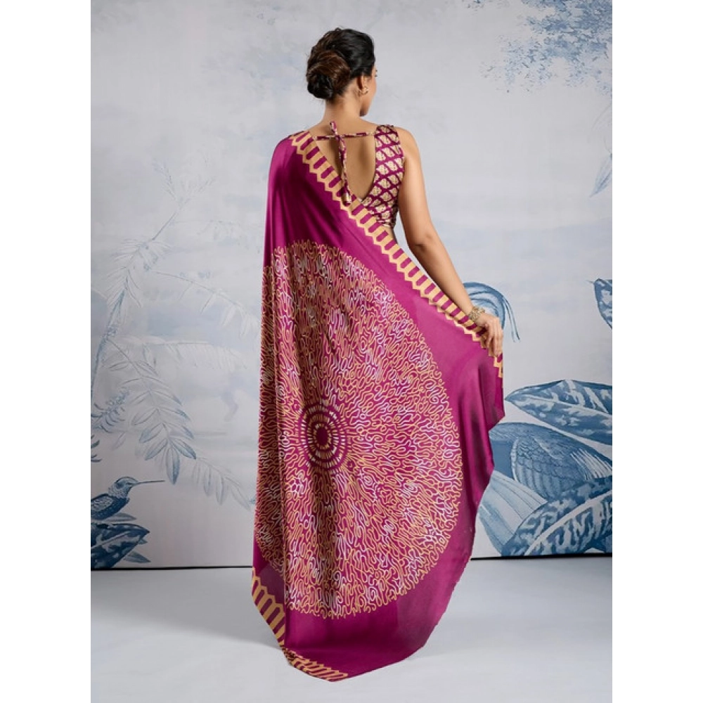 Women's Satin Crepe Printed Saree With Unstitched Blouse 5.5Mtr (Purple)