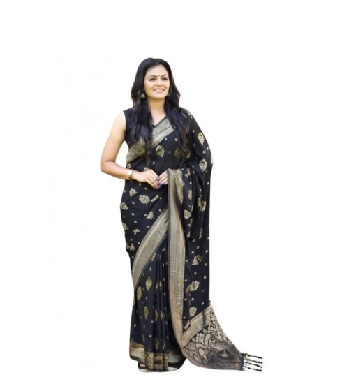 Women's Soft Lichi Silk Printed Saree With Unstitched Blouse 5.5Mtr (Black)
