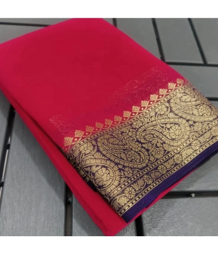 Women's Crepe Chit Pallu Solid Saree With Unstitched Blouse 5.5Mtr (Red)