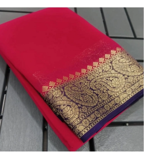 Women's Crepe Chit Pallu Solid Saree With Unstitched Blouse 5.5Mtr (Red)