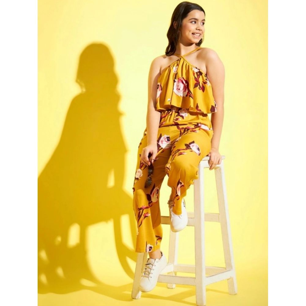 Girl's Polyester Crepe Floral Sleeveless Jumpsuit (Mustard) Girl's Polyester Crepe Floral Sleeveless Jumpsuit (Mustard)