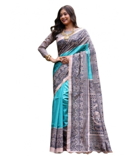 Women's Faux_Tussar Ethnic_Print Saree With Unstitched Blouse 5.5Mtr (Aqua_Blue)