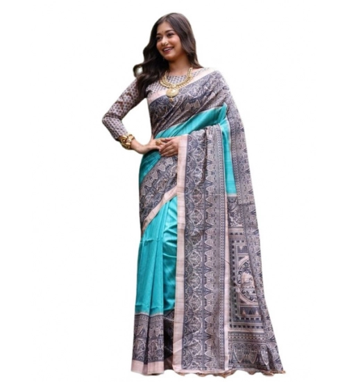 Women's Faux_Tussar Ethnic_Print Saree With Unstitched Blouse 5.5Mtr (Aqua_Blue)