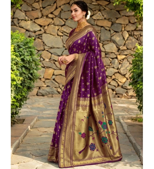 Women's Silk Blend Zari Weaving Saree With Unstitched Blouse 5.5Mtr (Purple)