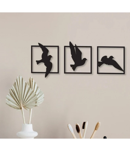 Birds in Frame Wooden Wall Decor – Set of 3 Panels (Black)