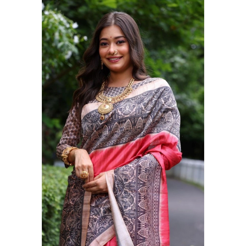 Women's Faux_Tussar Ethnic_Print Saree With Unstitched Blouse 5.5Mtr (Red) Women's Faux_Tussar Ethnic_Print Saree With Unstitched Blouse 5.5Mtr (Red)