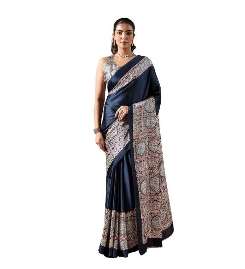 Women's Satin Crepe Printed Saree With Unstitched Blouse 5.5Mtr (Navy Blue)