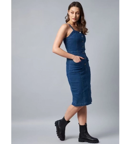 Women's Casual Denim Sleeveless Dress (Blue)