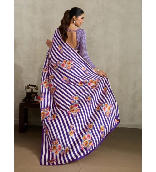 Women's Satin Crepe Printed Saree With Unstitched Blouse 5.5Mtr (Purple)