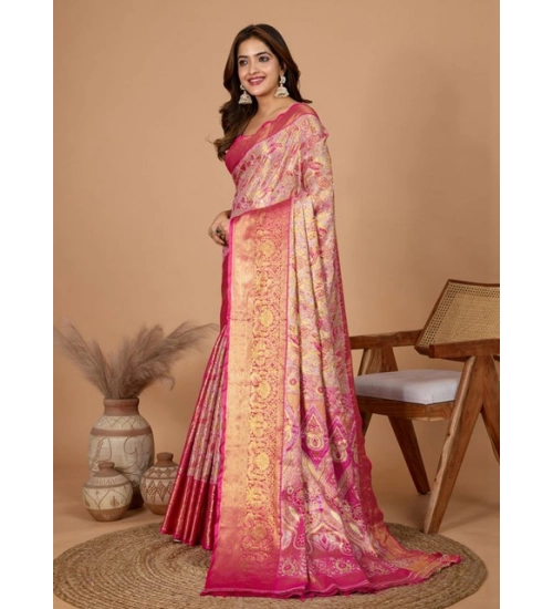 Women's Jacquard Saree With Unstitched Blouse 5.5Mtr (Pink)