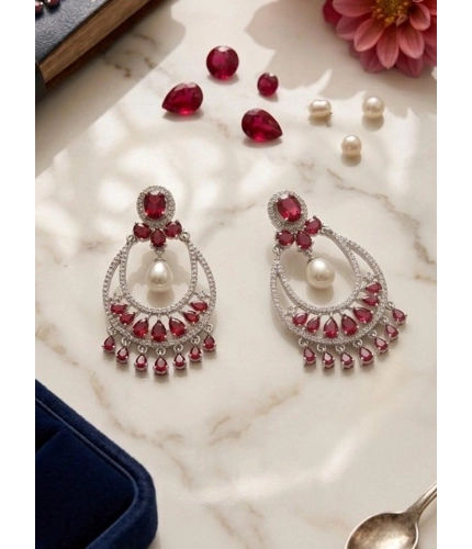 Women's Brass Silver Plated Chandbali Earrings (Red)