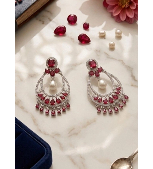 Women's Brass Silver Plated Chandbali Earrings (Red)