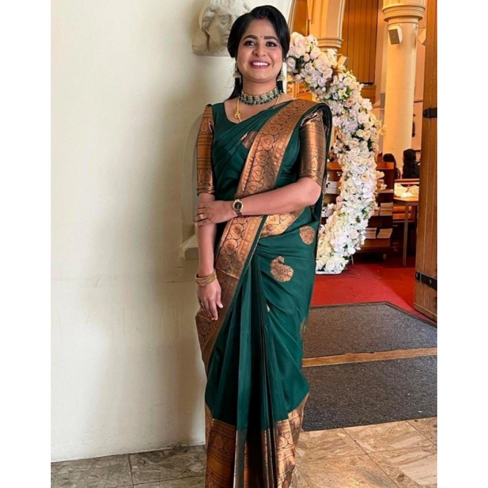 Women's Soft Lichi Silk Printed Saree With Unstitched Blouse 5.5Mtr (Green)