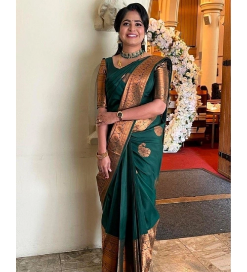 Women's Soft Lichi Silk Printed Saree With Unstitched Blouse 5.5Mtr (Green)