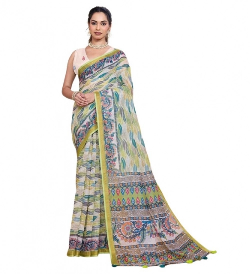 Women's Linen Floral Printed Saree With Unstitched Blouse 5.5Mtr (Pista Green) Women's Linen Floral Printed Saree With Unstitched Blouse 5.5Mtr (Pista Green)