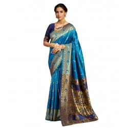 Women's Silk Blend Zari Weaving Saree With Unstitched Blouse 5.5Mtr (Aqua)
