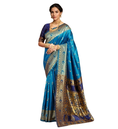 Women's Silk Blend Zari Weaving Saree With Unstitched Blouse 5.5Mtr (Aqua)