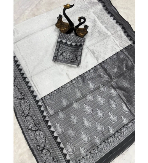 Women's Soft Lichi Silk Printed Saree With Unstitched Blouse 5.5Mtr (Off-White)