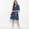 Women's Denim Solid Roll Up Sleeve Dress (Blue)