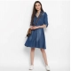 Women's Denim Solid Roll Up Sleeve Dress (Blue)